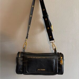 Steve Madden Black Leather Barrel Crossbody with Gold Accents